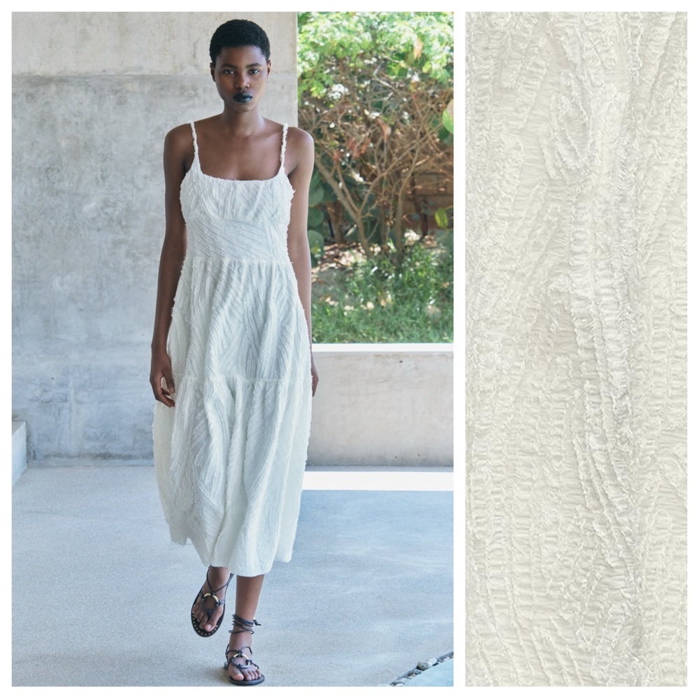 NWT. Zara ZW Collection Cream Frayed Jacquard Midi Dress. Size XS, S.